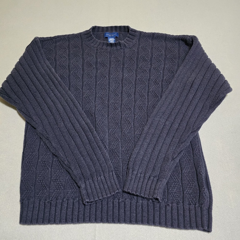 Towncraft Mens Medium Navy Blue Sweater Vintage Crewneck Ramie Cotton Cable Knit